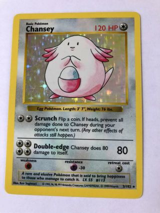 Pokemon Tcg Chansey Shadowless Holo Base Set Card 3/102 Rare