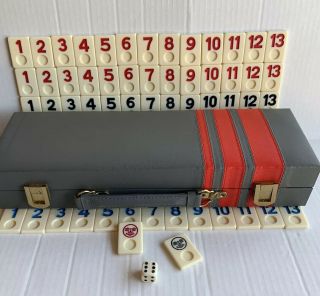 Vintage Rummy Tile Game Set In Faux Leather Gray & Red Carry Case Box Dmg
