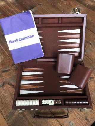 Vintage Backgammon Game Set W/ Brown Faux Leather Carrying Case,