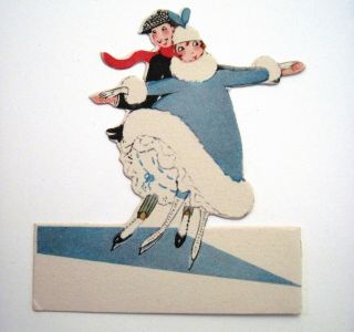 Vintage Bridge Tally Place Card W/ Delightful Ice Skaters