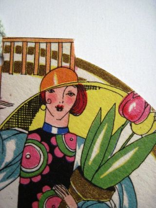 Vintage Art Deco Bridge Tally w/ Gardener Lady w/ Rake & Colorful Plants 3