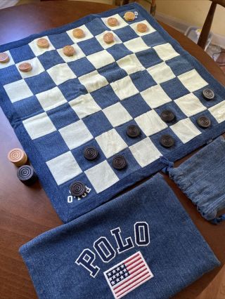 Polo Ralph Lauren Home Cotton Travel Checker Game Set Denim Soft Board Wood Bag