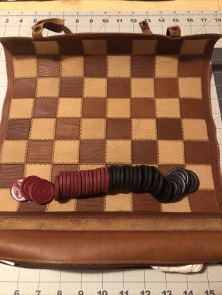 Top Grain Leather Game Board Travel Chess Checkers Set,  Roll Up Case