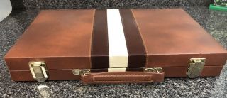 Vintage 11”x8” Backgammon Set Faux Leather Travel Case Brown Complete