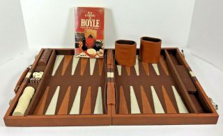 Vintage Brown Backgammon Set Briefcase W/ Book Faux Leather Travel Case 15x20