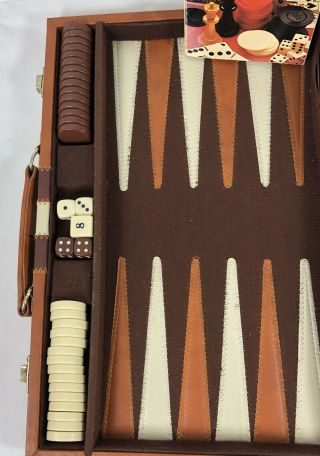 Vintage Brown Backgammon Set Briefcase w/ Book Faux Leather Travel Case 15x20 2