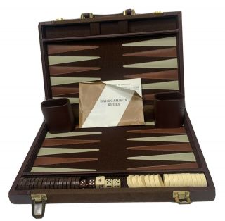 Vintage Backgammon Board Game With Faux Leather Case Dark Brown & Cream Euc