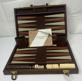 Vintage Backgammon Board Game With Faux Leather Case Dark Brown & Cream EUC 2
