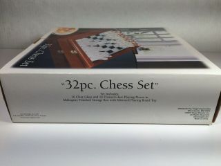 32 Piece Glass Frosted Chess Set W/ Mahogany Storage Box & Mirrored Board Top 2