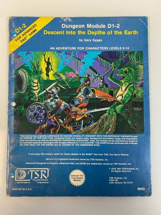 Dungeon Module D1 - 2 Descent Into The Depths Of The Earth Ad&d Tsr 1981