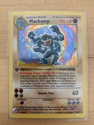 Pokemon 1999 Base Set Machamp 1st Edition Shadowless 8/102 Holo Card