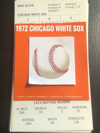 Strat - O - Matic Baseball 1972 Chicago White Sox
