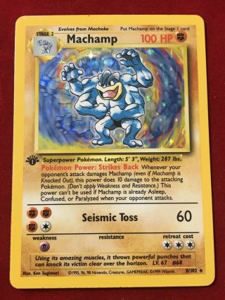 1999 Pokémon Machamp 1st Edition Shadowless Rare Holo Foil Base Set Card 8/102