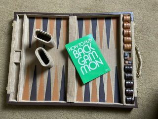 Vintage Late 1970’s Backgammon Set In Case Leather,  Corduroy Family Game