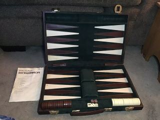 Vintage 1980’s Backgammon Set Briefcase Leather W/ Green Felt & Brass Latches