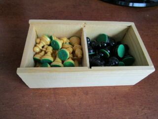 Vintage 32 Miniature Chess Set In Wooden Box.  Felt On Bottom.  Made In France.