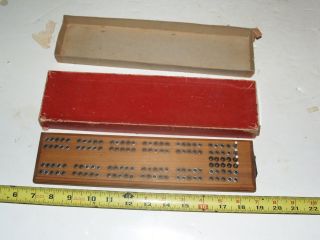 Vintage Wood 1 Cribbage Board - Storage For Pegs W/ 4 Pegs - W/ Box - 12 " Long