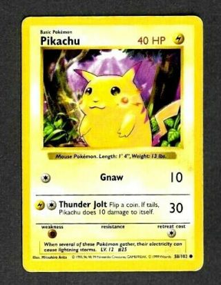 Red Cheeks Pikachu 58/102 Shadowless Base Set Pokemon Error Card - Near