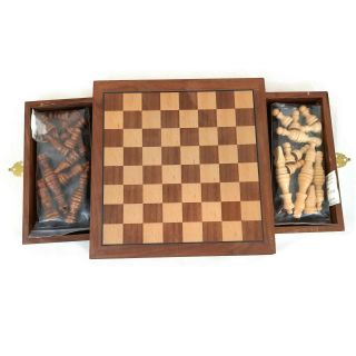 Inlaid Walnut - Style Wood Chess Set With Staunton Wood Chessmen Double Drawer