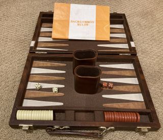 Backgammon Game Set Carry Case Vintage Leather And Faux Suede 12x8x2 Missing 1pc