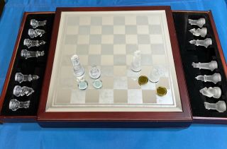 Clear/ Frosted Glass Chess Set With Mirrored Top Wood Storage Box Great