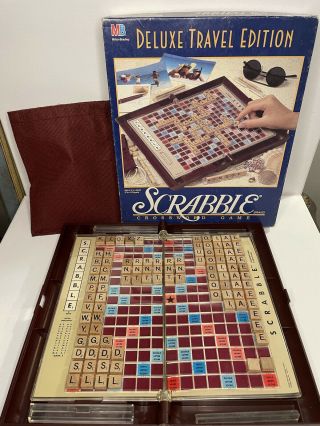 Scrabble Deluxe Travel Edition Game Milton Bradley Complete 100 Wood Tiles