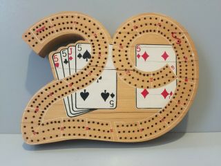 Vtg Cribbage 3 Track Wooden 29 Shaped Board Card Game Pegs Full Deck Rule Guide