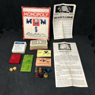 1937 Monopoly Game Box Wood Houses Hotels Cards Dice - No Board