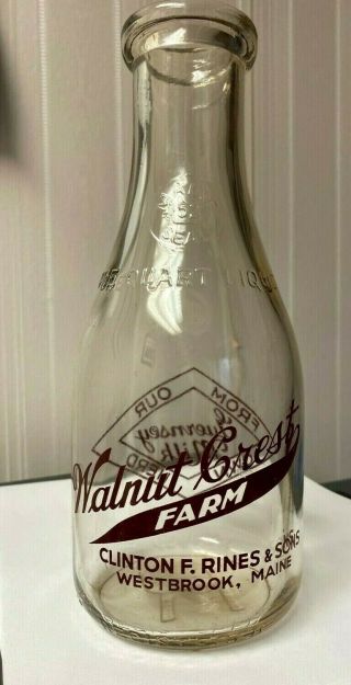 Vintage Round Quart Milk Bottle - Walnut Crest Farm,  Westbrook,  Maine
