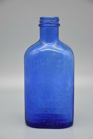 Vintage 1906 - Milk Of Magnesia Phillips - Cobalt Blue Glass Bottle,  7 " Tall