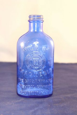 Vintage Milk Of Magnesia Bottle Cobalt Blue Glenbrook Conn.  7 " Tall