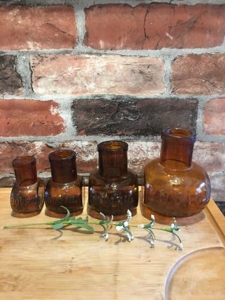 Set Of Hand Made Amber Antique Bulbous Meat Extract Bovril Jars Bottles