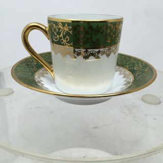 Vintage Limoges France Green And Gold Demitasse Cup And Saucer Set