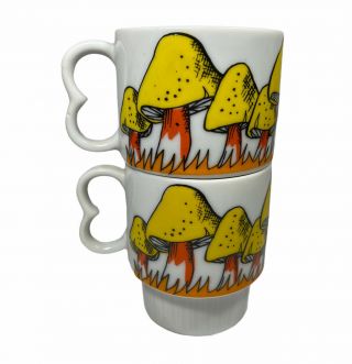Set Of 2 Vintage Japan Mushroom Coffee Tea Ceramic Cups Mugs Stackable