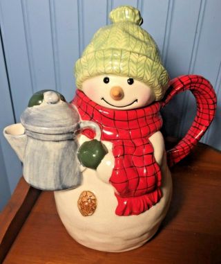 Hallmark Mitford Snowman Ceramic Teapot Crackle Glaze -