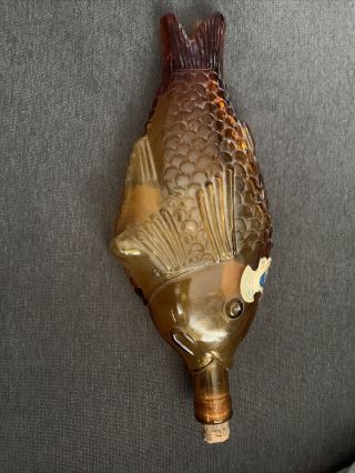 Vintage Large Glass Fish Bottle Decanter Amber Art Glass Cork Stopper 13 " (empty)
