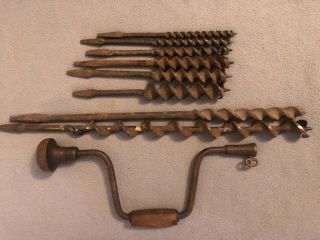 Antique Bit Brace Auger Hand Drill Primitive Iron Wood Vintage Barn Farm Tool
