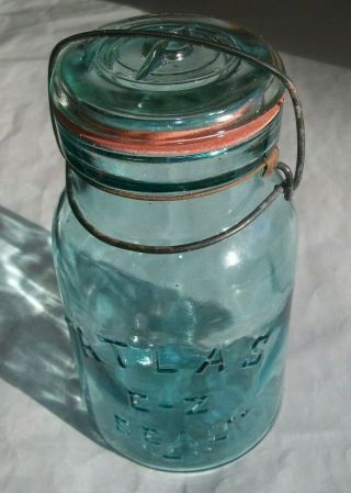 Aqua Atlas E - Z Seal Quart Canning Jar W.  Aqua Glass Top Lid,  Rubber & Wire Bail
