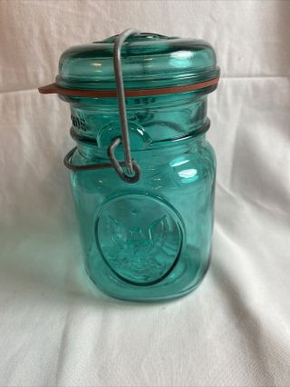 Vintage Pint Ball Mason Jar.  Blue Glass With Glass Lid And Wire 1976