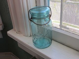 Vintage Ball Sure Seal Aqua Glass Quart Fruit Jar,  Bail,  Aqua Glass Lid,  1910 - 1923