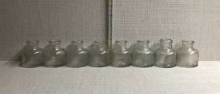 Eight Small Vintage Clear Glass Old Ink Bottles.