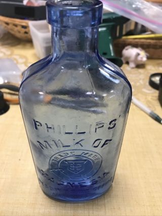 Vintage Phillips Milk Of Magnesia 7 " Cobalt Blue Bottle With Cap Aug.  21,  1906