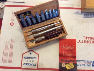 Early Vintage X - Acto Knife Set Blades Old Iconic Wood Dovetail Box Xacto