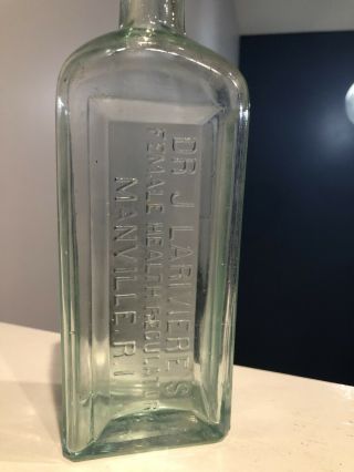 Antique Aqua Dr J Lariviere’s Female Health Regulator Bottle Manville,  RI 8.  75” 2