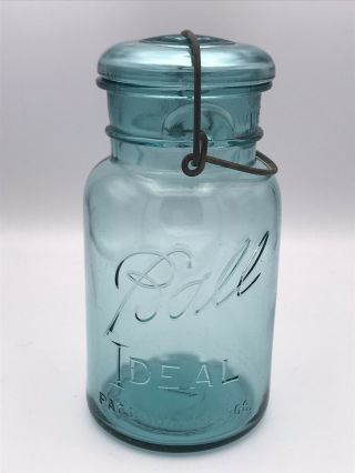 Vintage Ball Ideal Quart Blue Glass Canning Mason Jar Wire Bail Lid