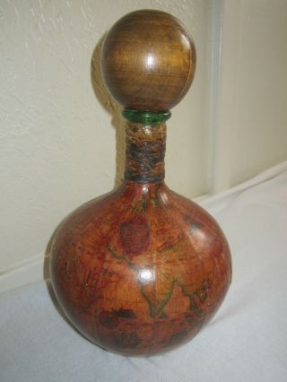 Vintage Italian Leather Wrapped Decanter Wine Bottle Old World Map