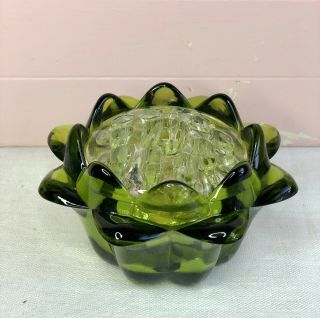 Vintage Mid Century 2 - Piece Green/clear Glass Flower Frog