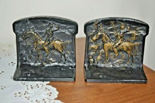 Vintage Bronze Bookends By Ronson 1920s Western Theme Indian Brave On Horseback