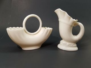 2 Vtg Lenox Ivory Vases Horn Of Plenty & Double Wedding Ring W/handle 1930s - 50s