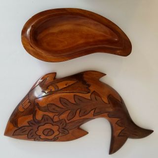 Vintage Primitive Haiti Folk Art Hand Carved Wooden Fish Shaped Covered Bowl 14”